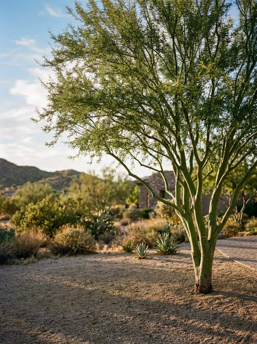 A well-maintained native palo verde tree on a Cave Creek property, showing a raised canopy and cleared lower limbs above a decomposed granite landscape.
