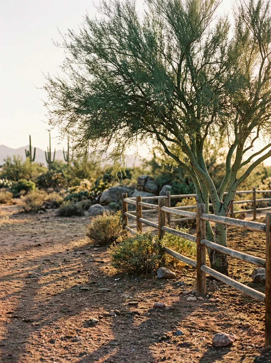 A native palo verde tree on a Desert Hills equestrian property, showing a well-maintained canopy above a fenced corral area with rocky desert soil below.