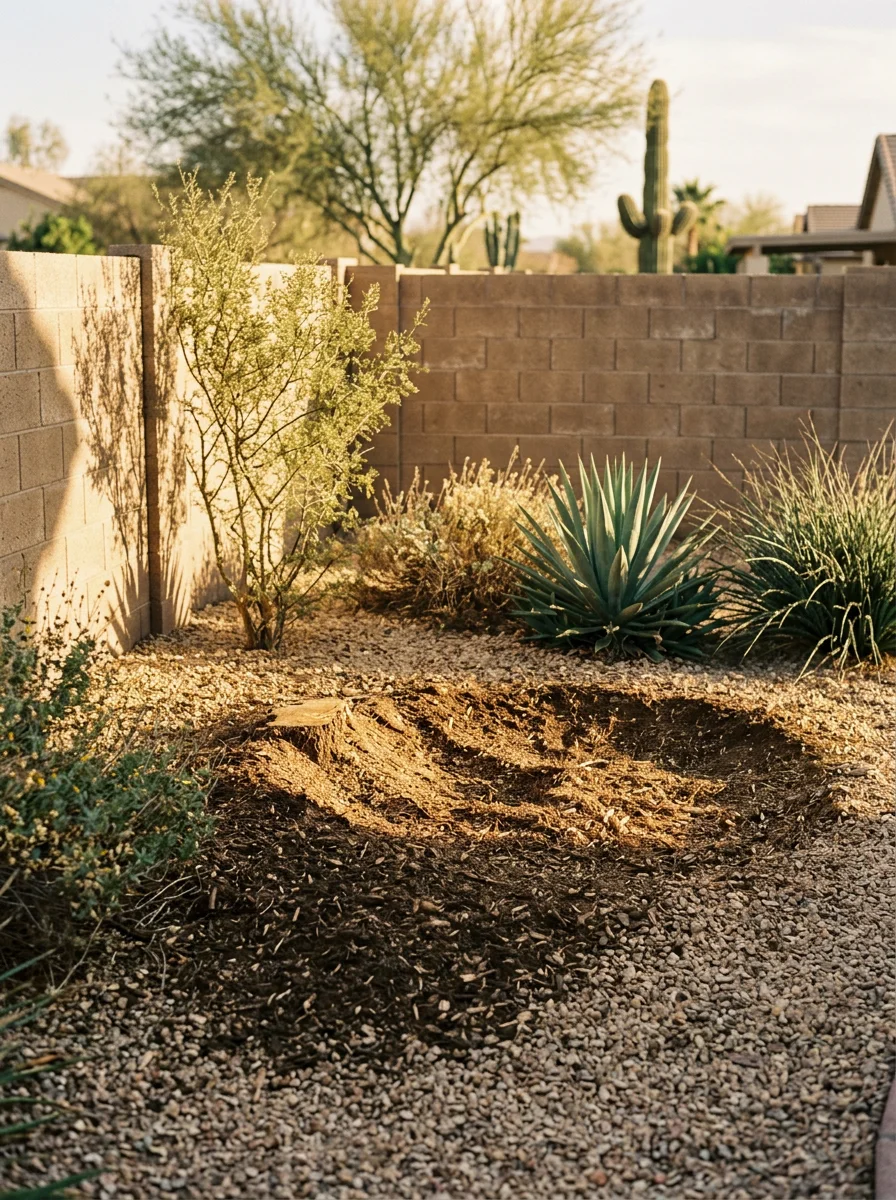 A freshly ground stump in a Glendale backyard after tree removal, showing the cleared area surrounded by desert landscaping and a block wall.