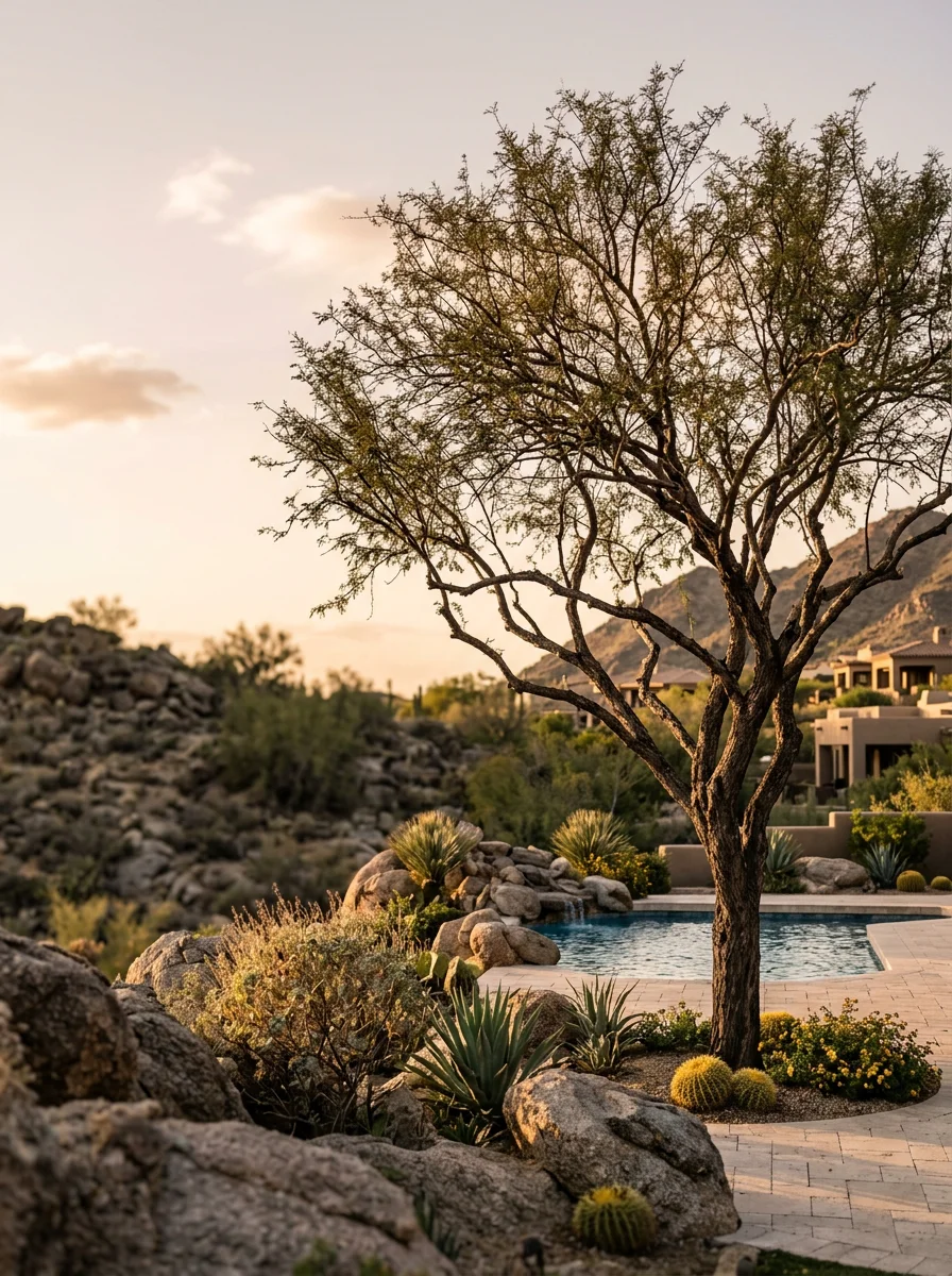 A healthy ironwood tree on a rocky Paradise Valley hillside lot, showing a well-maintained open canopy structure above a pool deck.