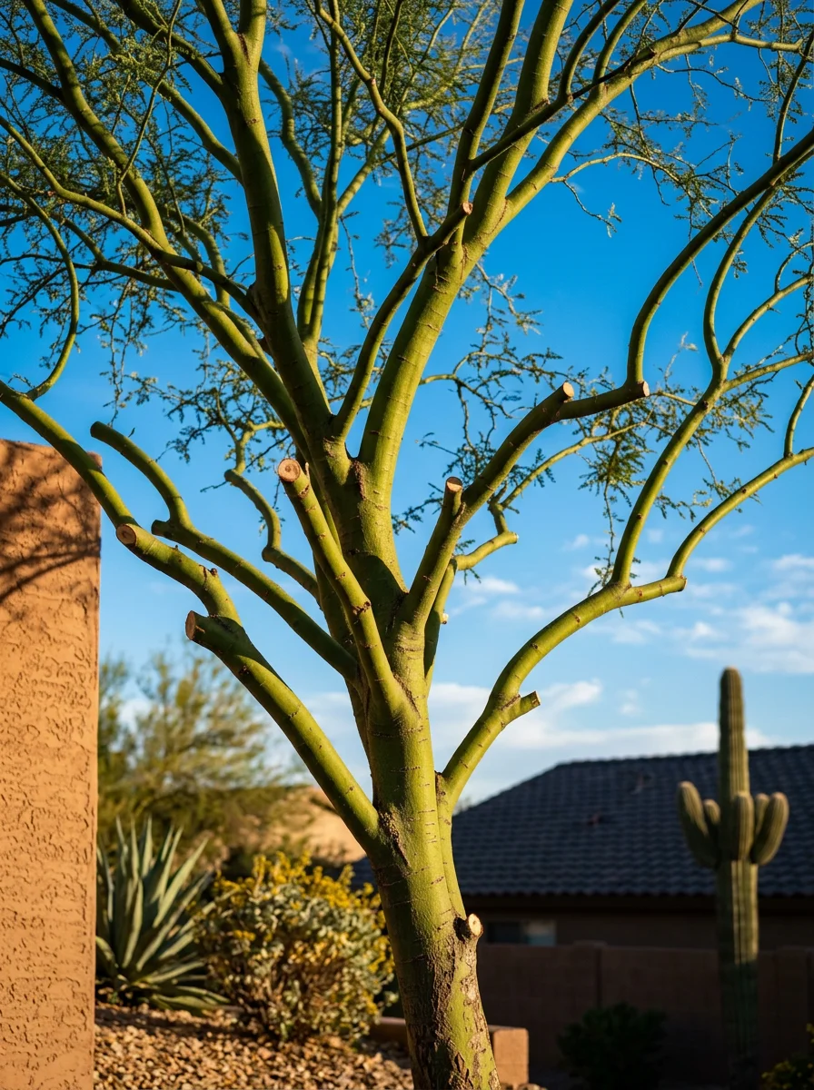 Close-up of a freshly pruned palo verde tree in a Phoenix neighborhood, showing clean cuts and an open canopy structure against a bright desert sky.