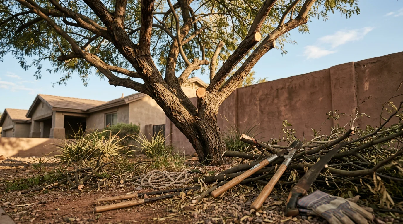A mature mesquite tree being pruned in a Phoenix residential yard before monsoon season, with a crew member working in the canopy and a block wall visible below.