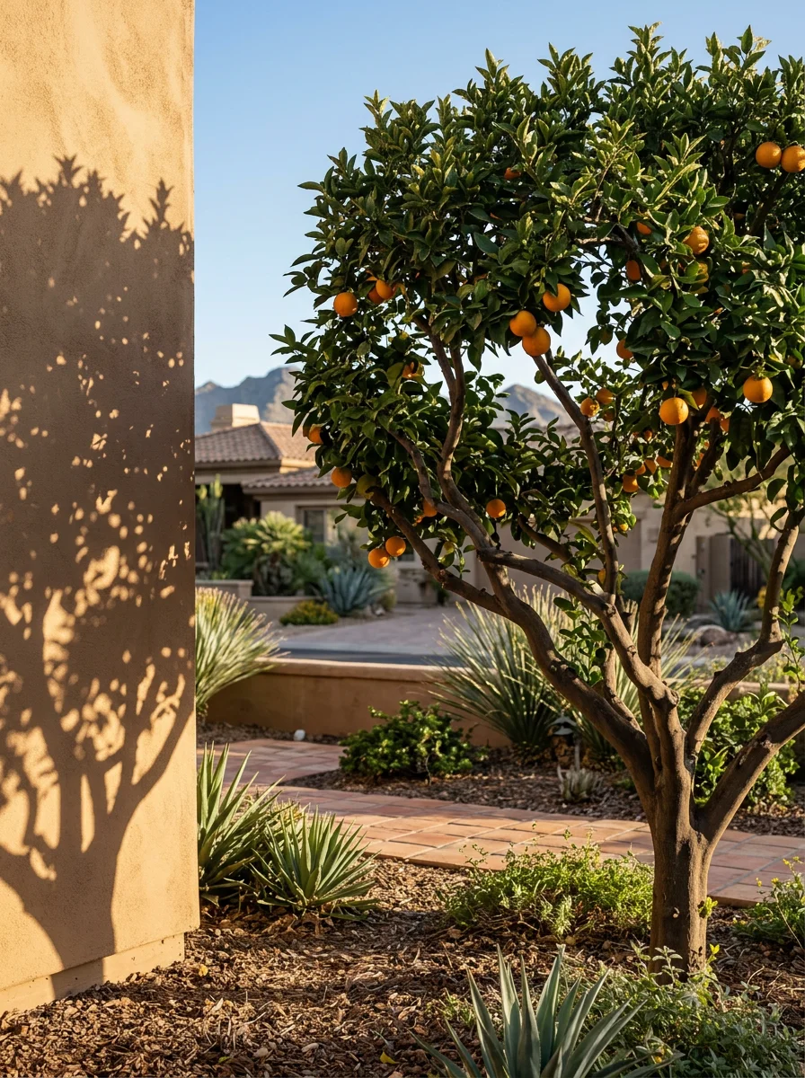 A healthy citrus tree in a South Scottsdale residential yard showing a well-pruned open canopy and fruit-bearing branches in a ranch-style landscape setting.