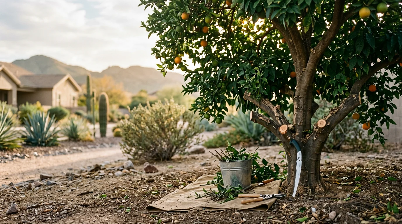 An arborist carefully pruning a mature citrus tree in a Phoenix residential backyard, with the tree's canopy intact and the Arizona desert landscape visible in the background. The tree shows healthy green foliage and developing fruit after professional care.