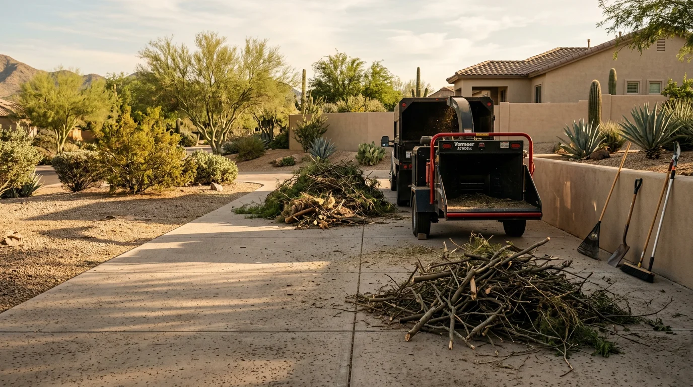 Pile of trimmed tree branches and large limbs collected in a Phoenix residential yard after a debris removal service. Desert landscaping and a clear driveway are visible in the background.