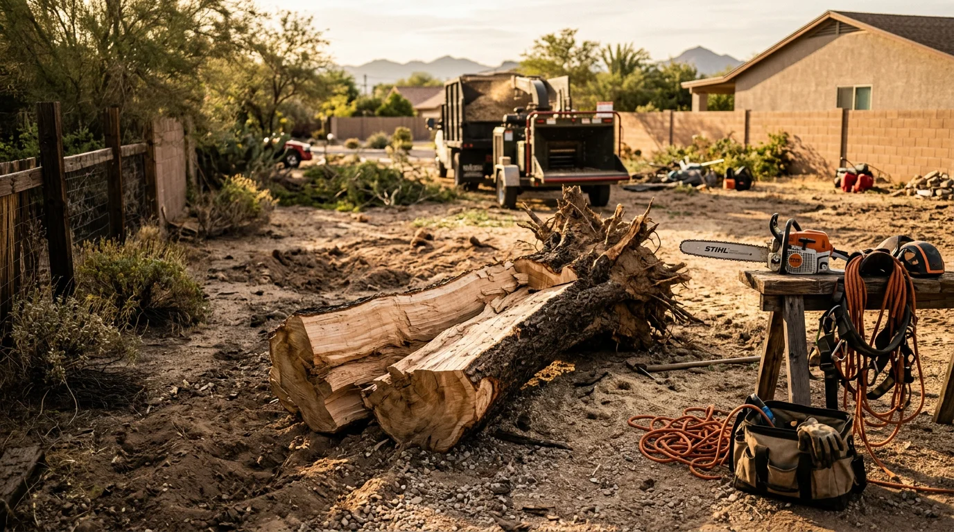 A large storm-damaged tree leaning against a residential fence in Phoenix, Arizona, with split trunk and exposed roots visible after a monsoon. A tree service crew works to safely section and remove the fallen tree from the property.