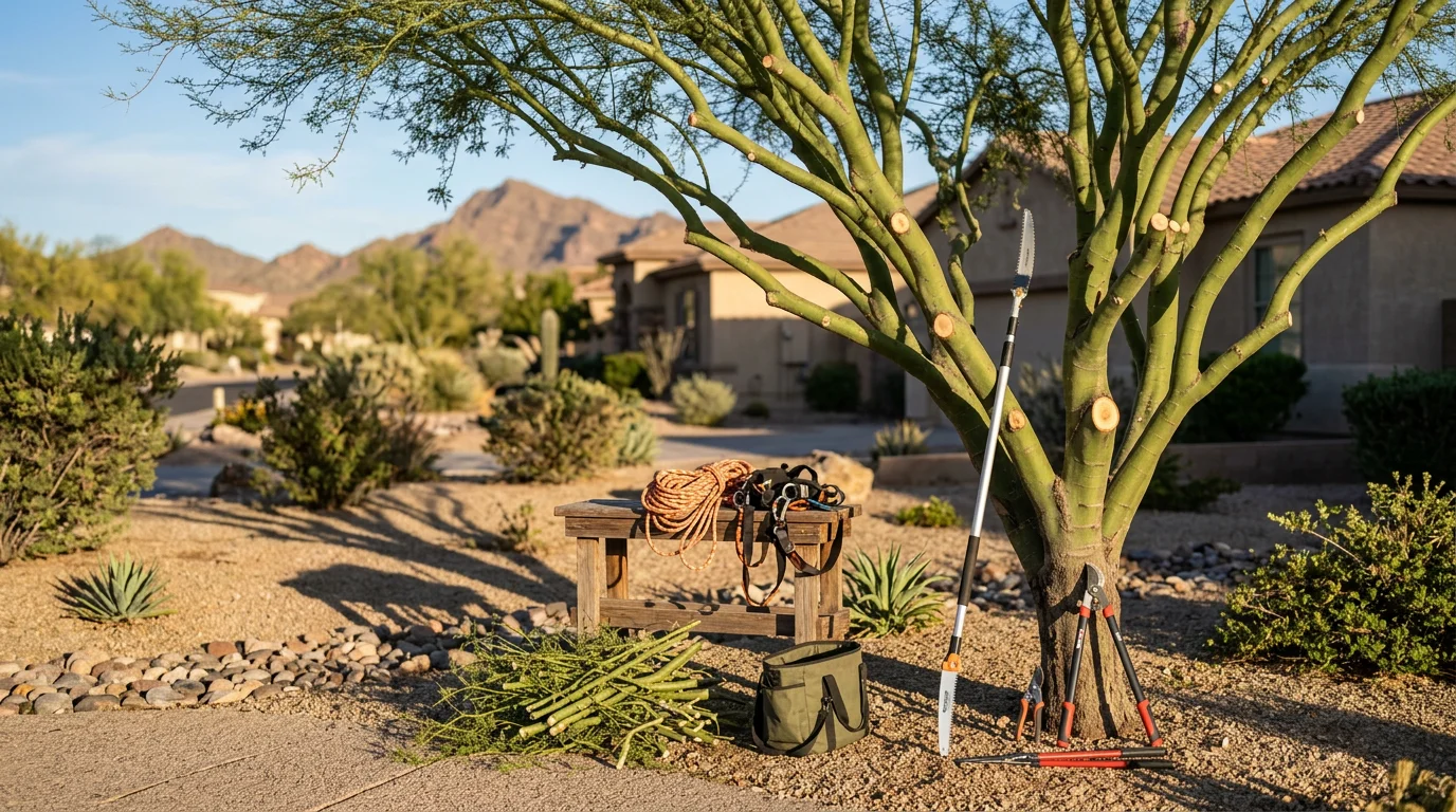 An arborist from PV Trimmers inspecting and maintaining a mature shade tree in a Phoenix residential yard. The canopy is open and well-shaped, with clear branch structure visible against a bright Arizona sky.
