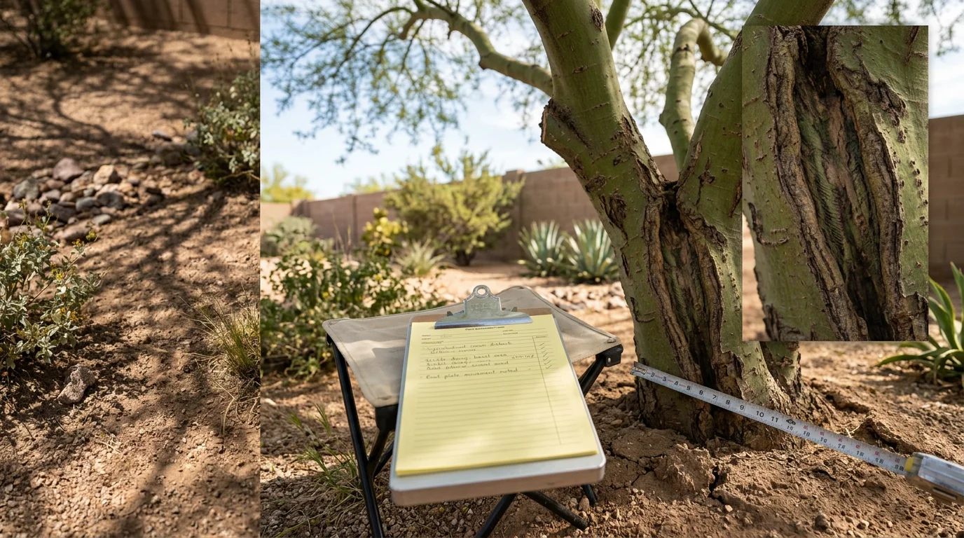 An arborist from PV Trimmers inspecting the trunk and root zone of a mature desert tree on a residential property in Phoenix, Arizona. The arborist examines the base of the tree closely, with a dry desert landscape and residential structures visible in the background.