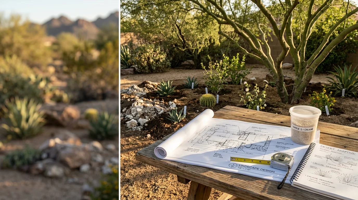 A Phoenix-area backyard showing desert-adapted plantings and natural ground cover laid out during a landscape design consultation site visit. Dry Sonoran Desert terrain and a residential property exterior are visible in the background.