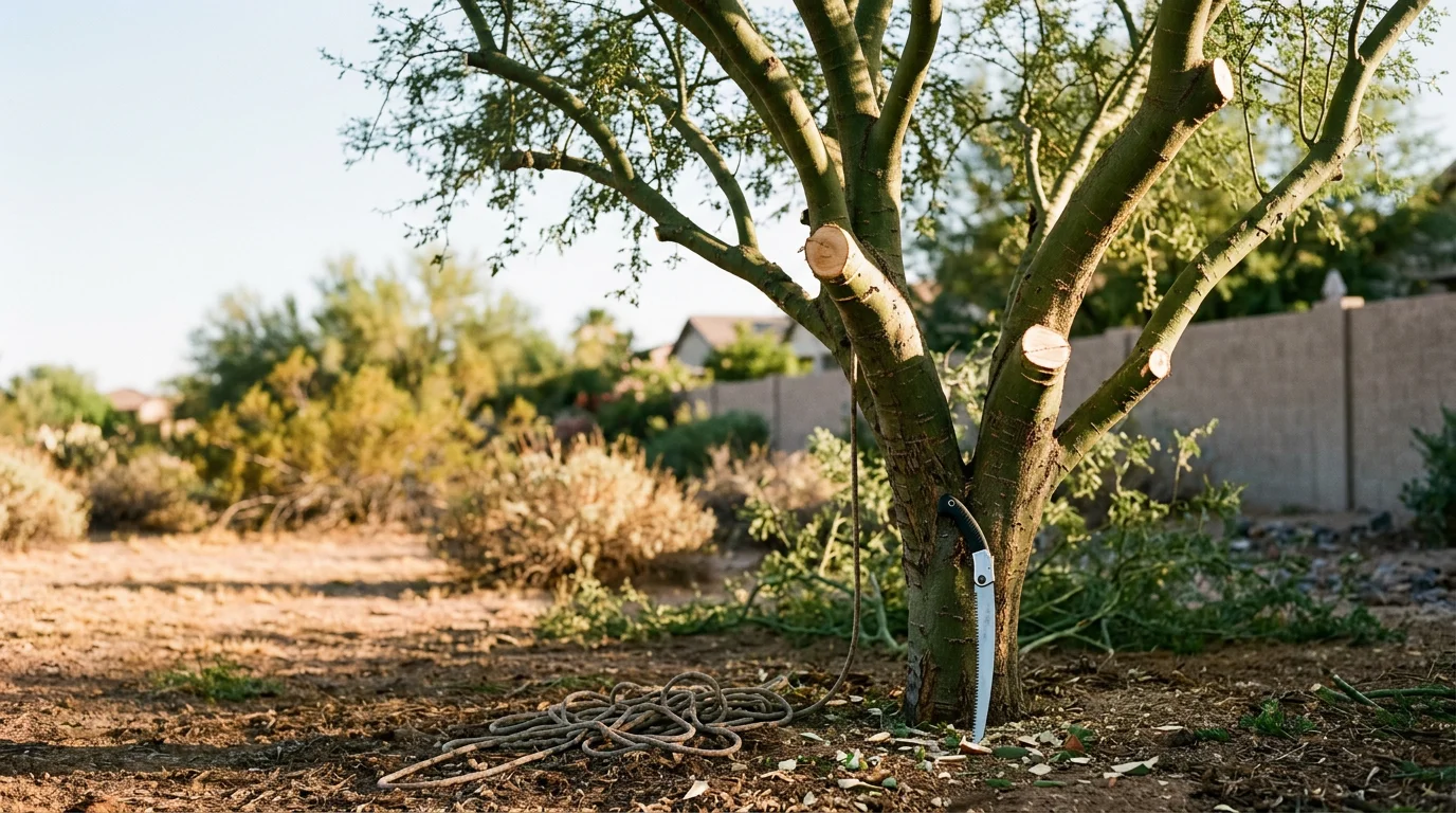 An arborist pruning the canopy of a mature mesquite tree in a Phoenix residential yard, with desert landscaping visible in the background. Deadwood and crossing branches have been removed, leaving a balanced, open canopy structure.