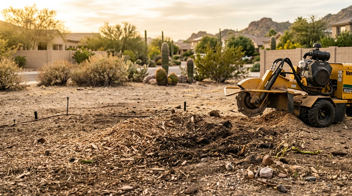 A freshly ground tree stump in a Phoenix residential yard, with the surrounding desert landscaping and decorative rock left undisturbed. The ground is level and filled with wood chips where the stump once stood.