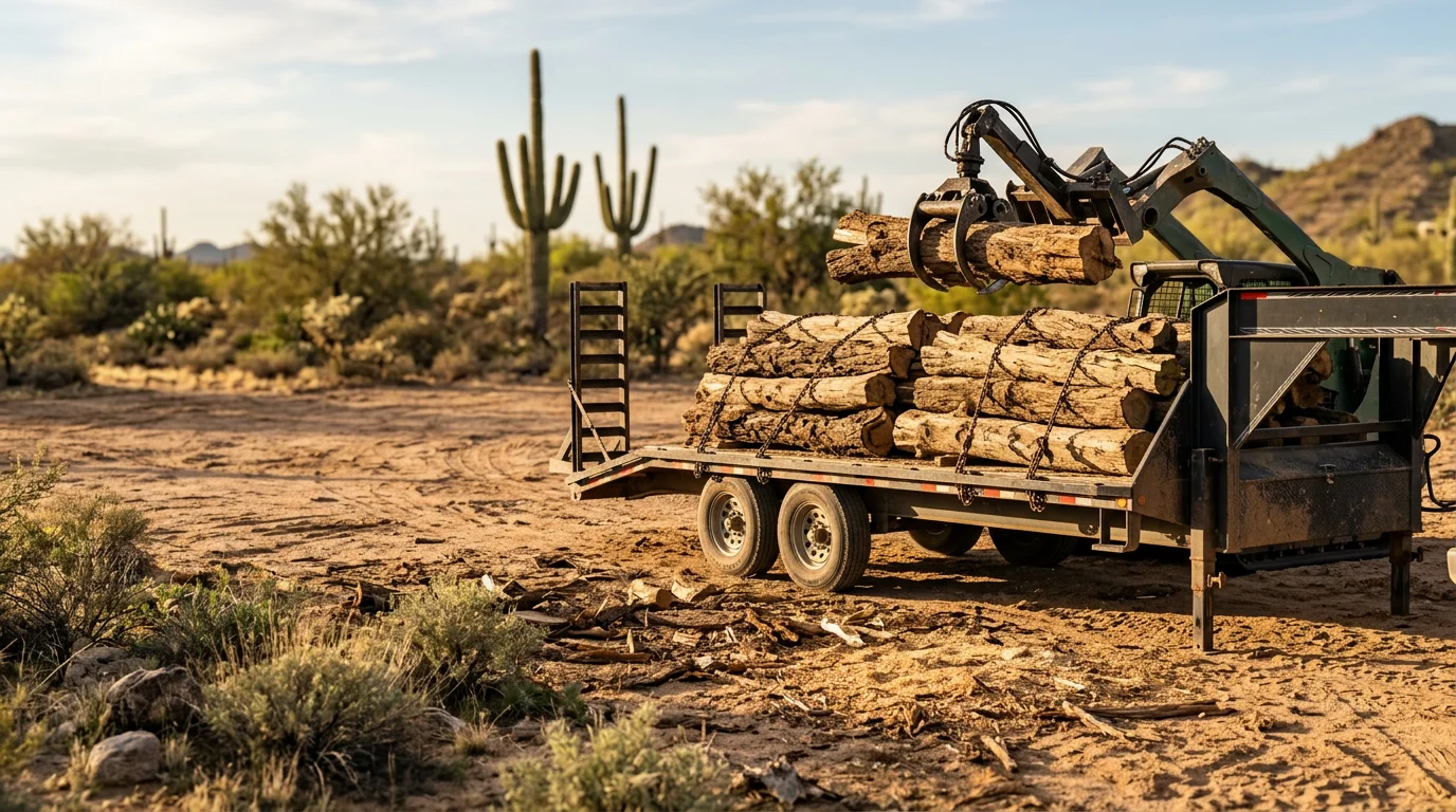 A cleared Phoenix residential yard showing a large pile of mesquite trunk sections and limbs staged for haul-out by a tree service crew. The surrounding desert landscaping remains undisturbed.