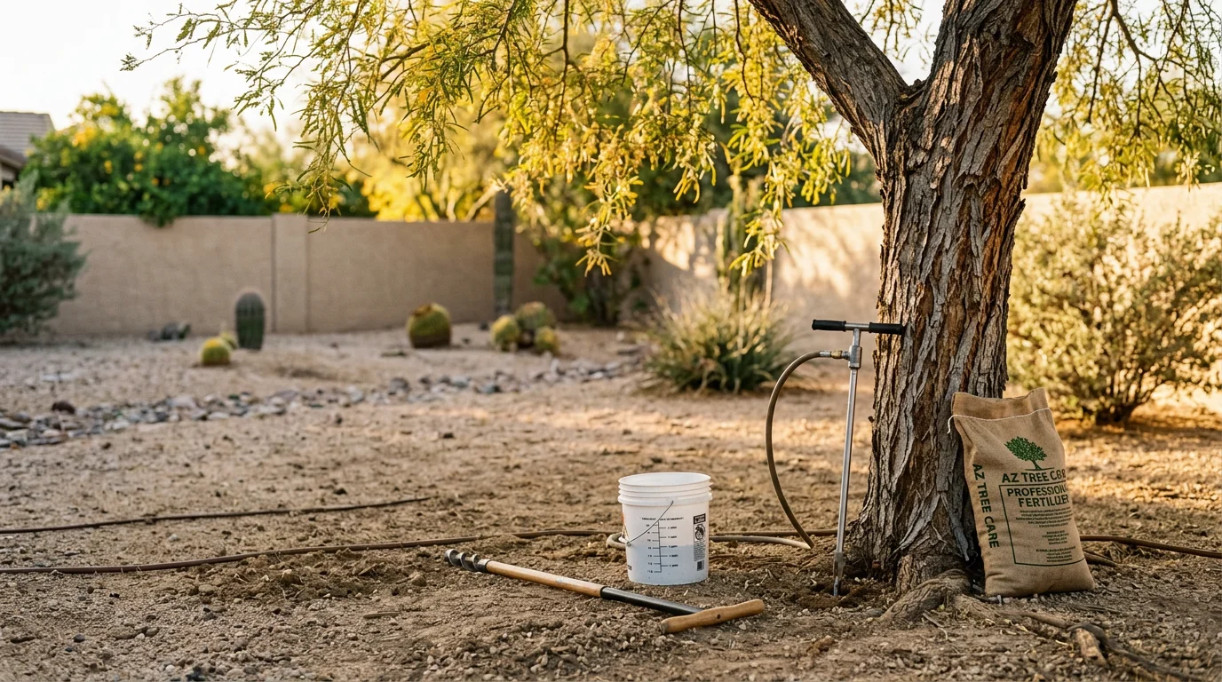 An arborist from PV Trimmers applying targeted fertilization treatment to a non-native tree in a Phoenix residential yard. The tree shows green, full canopy growth against a clear Arizona sky.