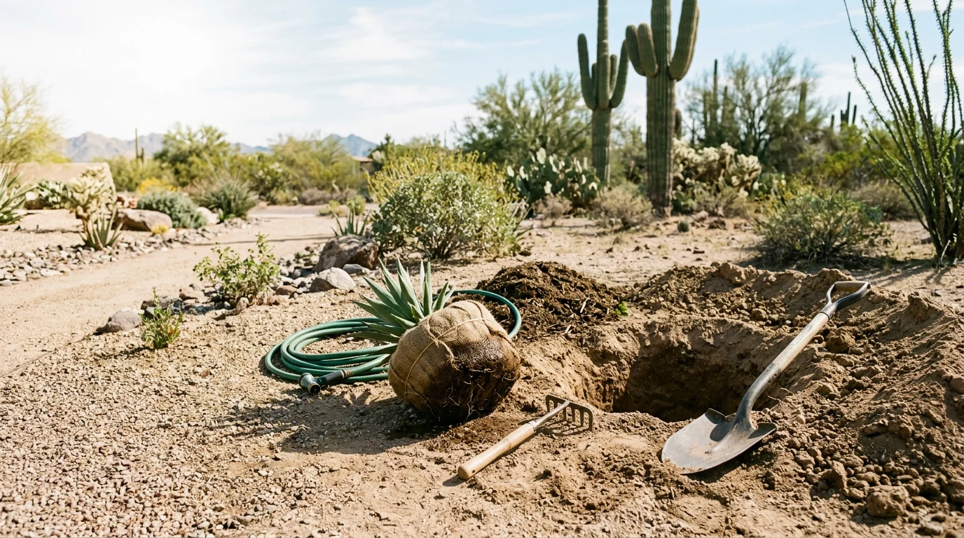A freshly planted native desert tree in a Phoenix residential yard, surrounded by a watering basin and desert gravel landscaping. The tree is positioned in full sun with a clear view of the surrounding Sonoran Desert landscape.