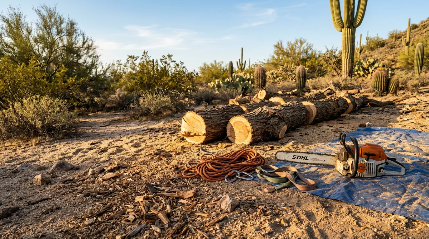 A large mesquite tree being removed from a residential yard in Phoenix, Arizona, with the canopy sectioned and lowered away from a nearby block wall. Desert landscaping and a clear blue sky are visible in the background.