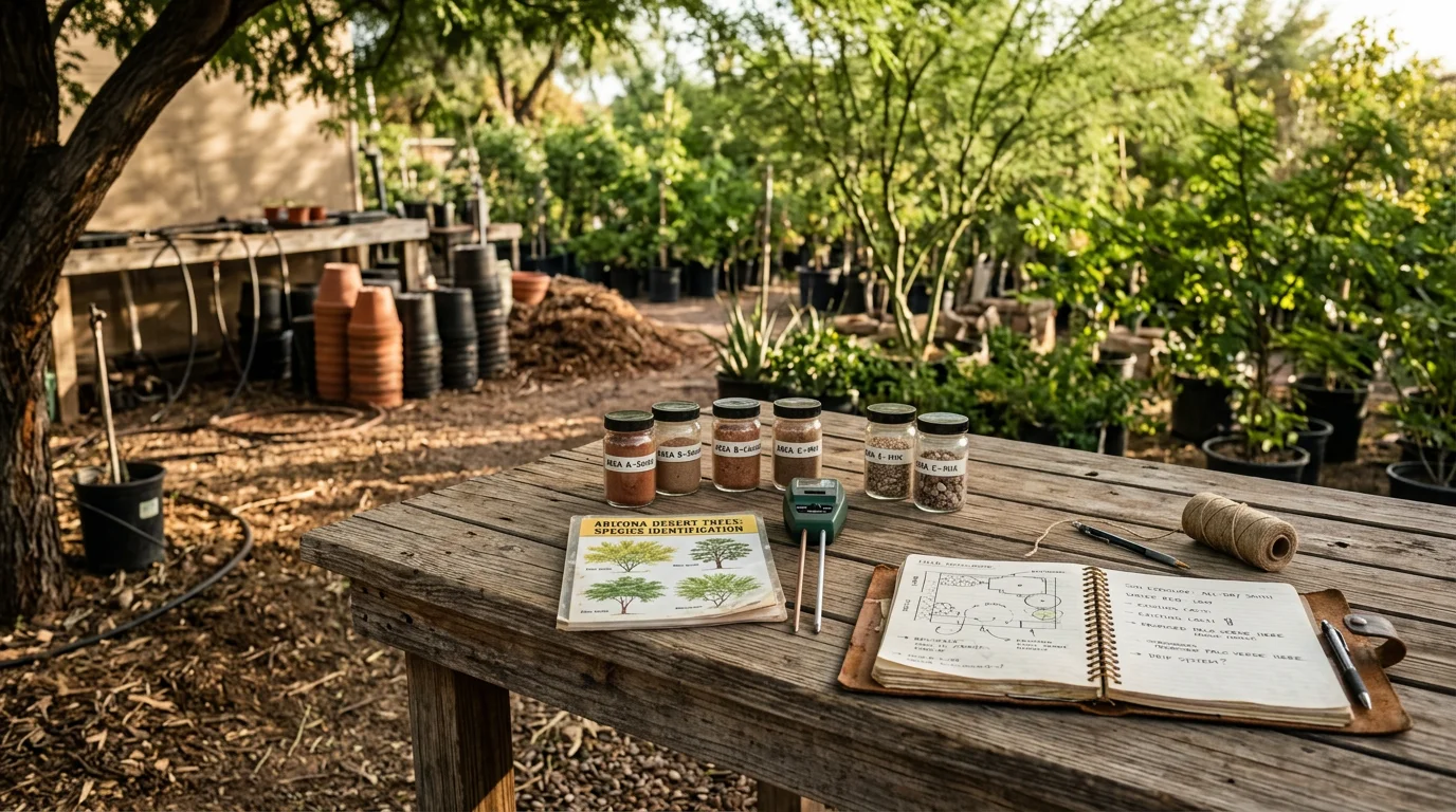 A PV Trimmers consultant reviewing a residential yard in Phoenix, pointing toward an open planting area surrounded by desert-adapted landscaping. The consultation takes place under bright Arizona sun with a mature desert tree visible in the background.